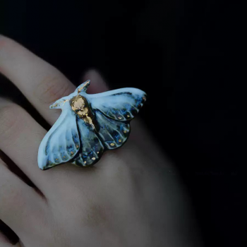 Handcrafted Blue Moth Ceramic Gold Ring