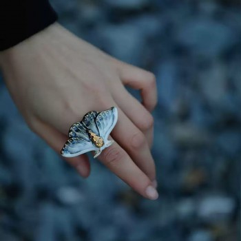 Handcrafted Blue Moth Ceramic Gold Ring