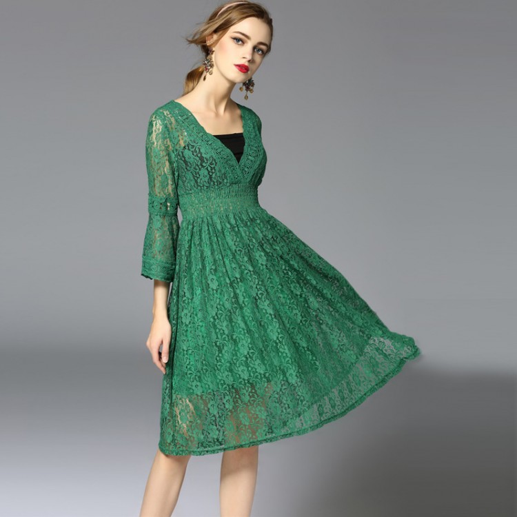 Green Slimming Embroidered Lace Trumpet Sleeves High-waisted Dress